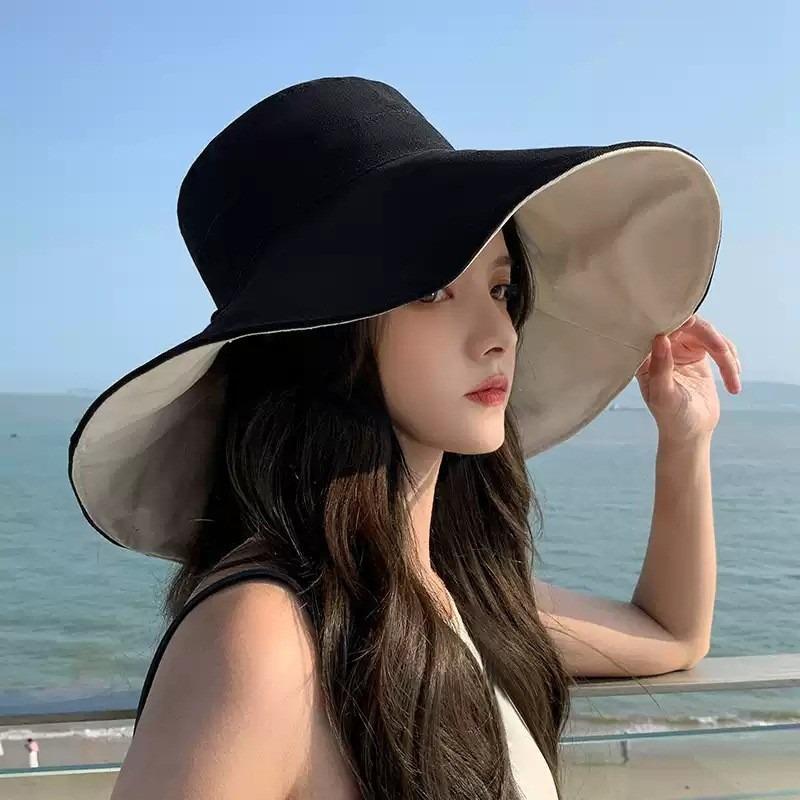 Women's large brim bucket hat UV protection face cover sun hat fashion sunshade basin hat embroidery