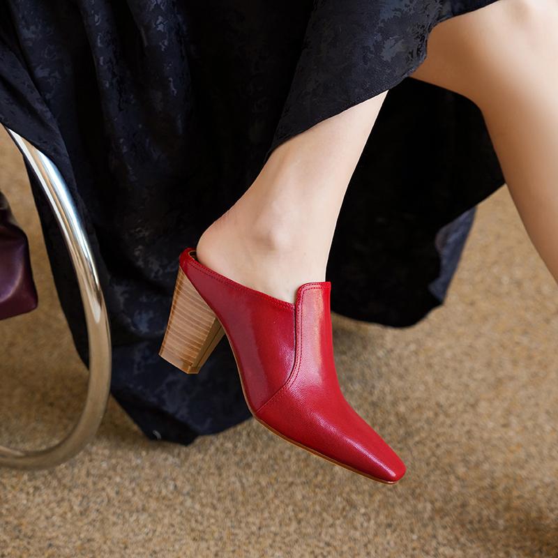 Fashion 2025 Summer New Baotou Half Slippers Women Wear Muller Shoes Thick Heel High Heel Sandals Women's Slippers Genuine Leather Shoes