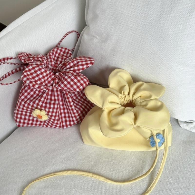 Checkered Flower Drawstring Bucket Bag Y2K Aesthetic Jacquard Shoulder Bag Summer Casual Crossbody Shoulder Bags