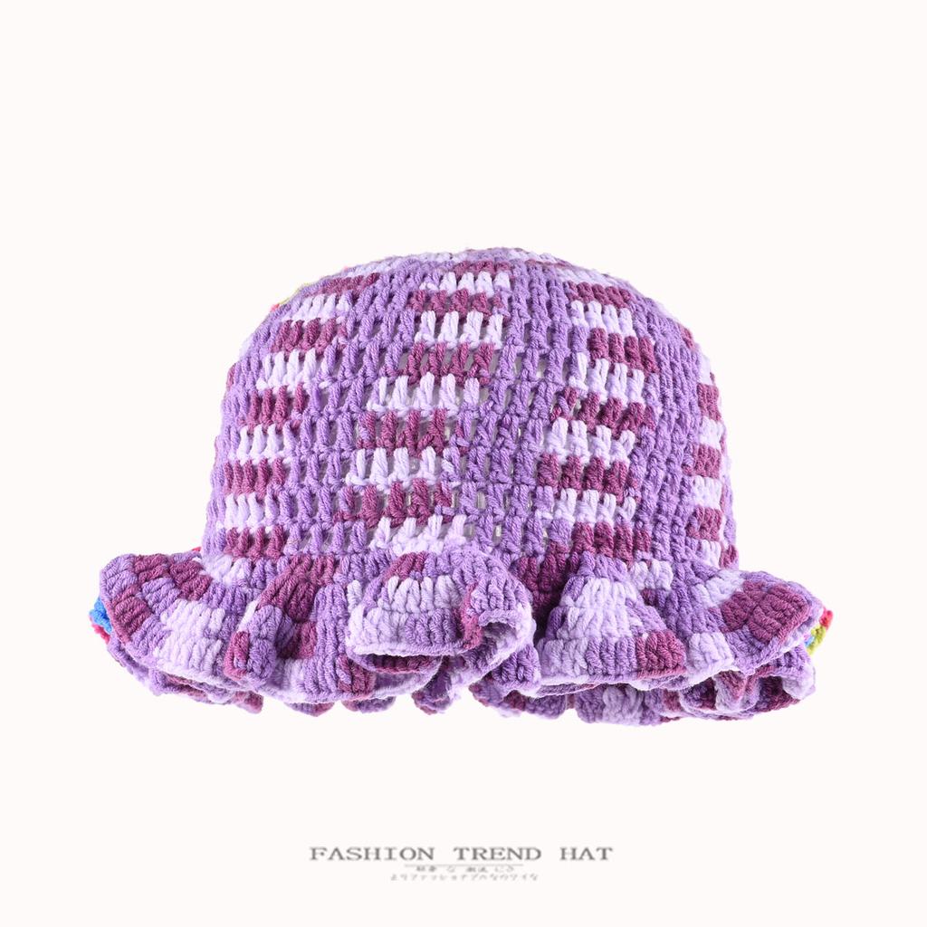 Dopamine Rainbow Color Matching Pleated Lotus Leaf Lace Knitted Bucket Hat Women'S Autumn And Winter Handmade Crochet Wool Hat