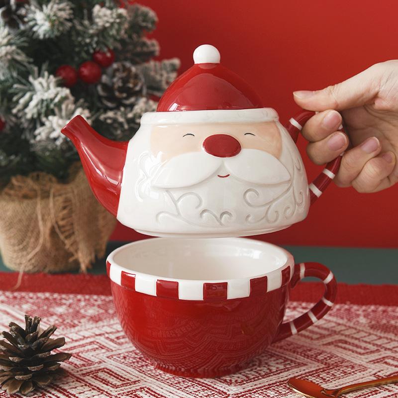 BRChristmas Ceramic Teapot  Tea Cup Set  European Embossment Ceramic Teacup Tea Pot Set Festival Decorative Tea Set  Holiday GiftEY