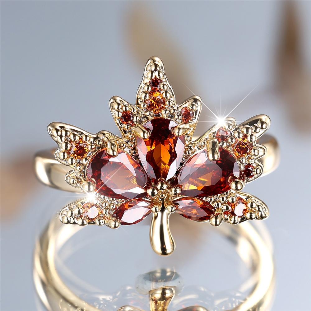 Crystal Female Red Zircon Stone Tree Leaf Engagement Ring Vintage Gold Color Wedding Bands Jewelry For Women Men
