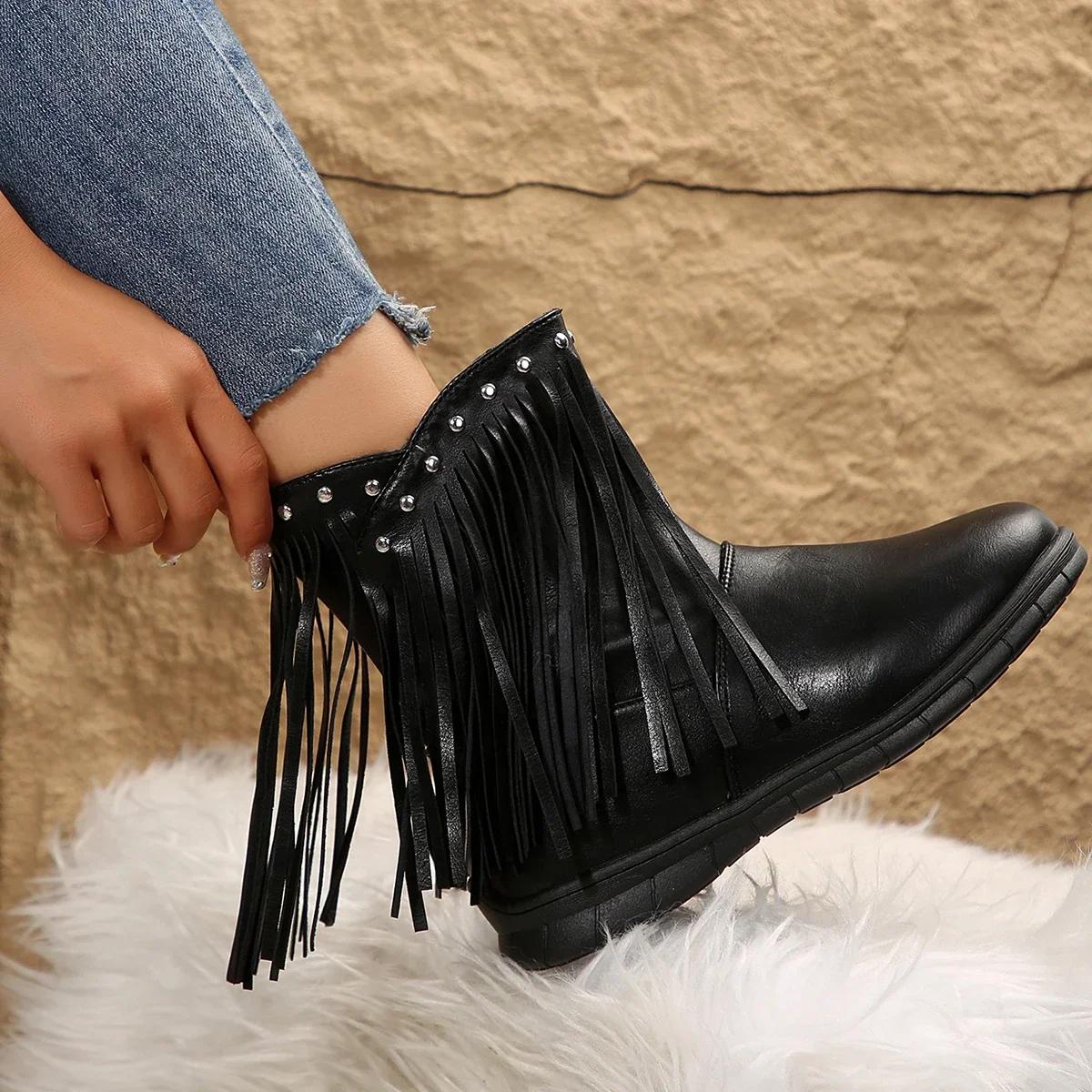

2024 Новые ковбойские сапоги для женщин со стразами, плоские туфли с кисточками на танкетке, короткие туфли, зимняя мода, женские модные сапоги 42 чёрный