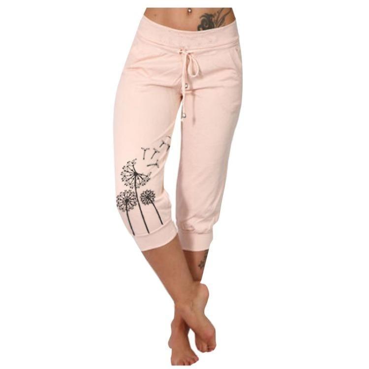 Women High Waist Casual Printed Yoga Pants Drawstring Seventh Pants Qunide