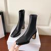 New black high-heeled thin boots women's thick-heeled elastic boots autumn and winter soft leather retro square head short boots