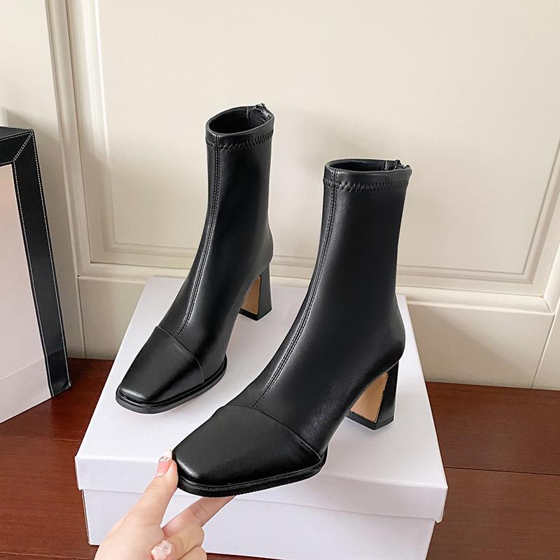 

Новые черные тонкие ботильоны на высоком каблуке женские на толстом каблуке эластичные ботильоны осень и зима мягкая кожа ретро квадратный носок короткие ботильоны 36