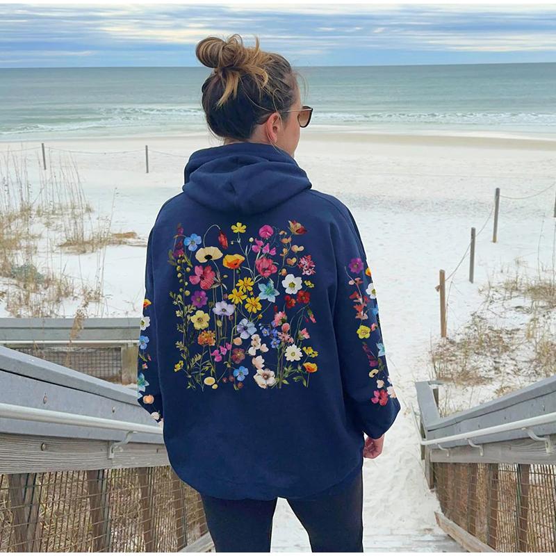 Kvinner Tykk Langermet Høst og Vinter O-Hals Hettegenser Vintage Blomsterprint Mote Løse Sweatshirts med Lomme