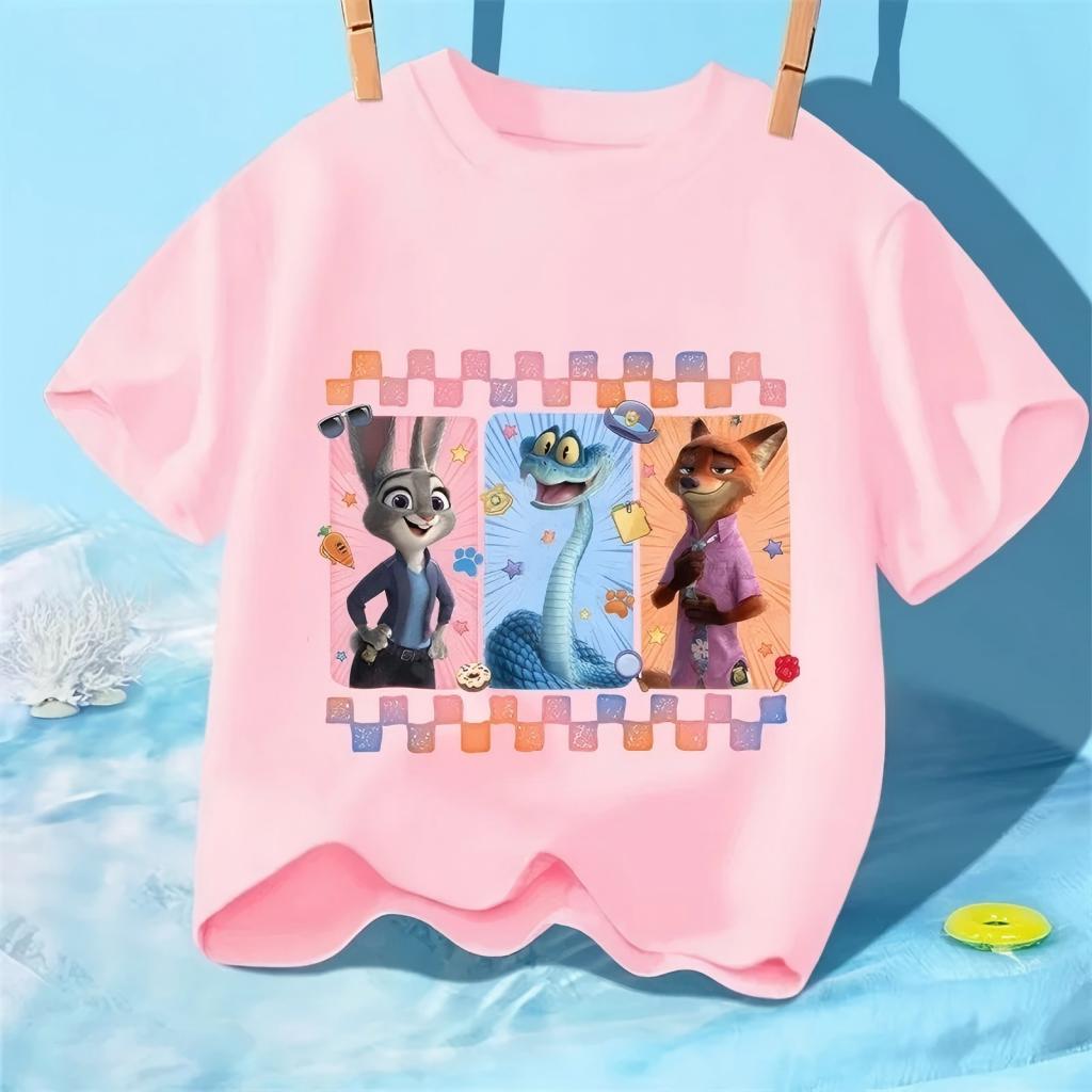 Childrens 2026 TShirt Judy and Nick Cute Rabbit and Fox Cartoons Printed Short Sleeve Casual Summer for Kids