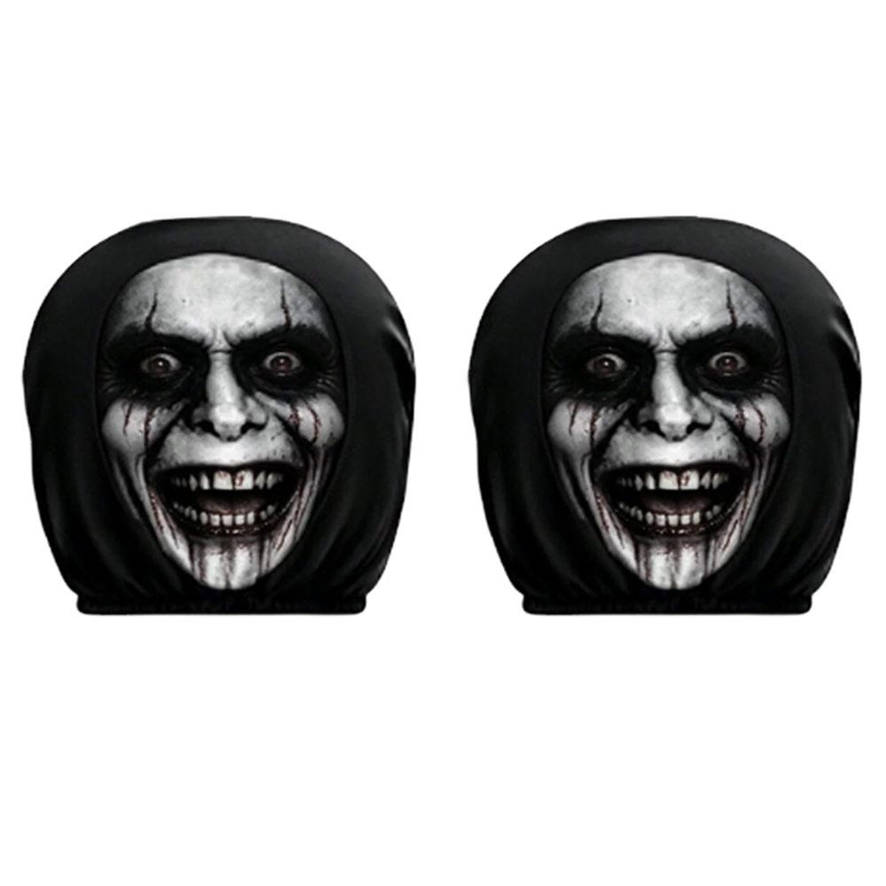 2Pcs Black Car Seat Cover Scary Face Printing Car Headrest Protector Car Headrest Cover Halloween