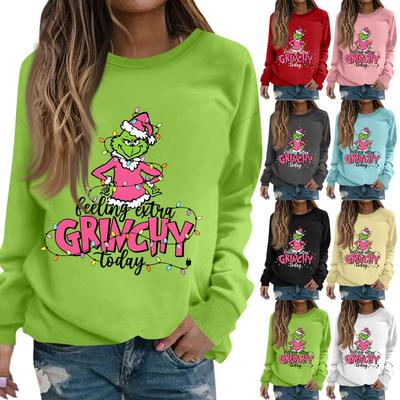 Women's Fashion Casual Long Sleeve Solid Color Christmas Printed Round Neck Top Sweatshirt