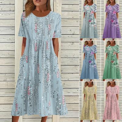 Damen-Freizeitkleider, bedruckte Kleider, Sommerkleider, bedruckt, plissiert, Rundhals-Midi-Kleider, Basic, klassisch, Outdoor, täglich, kurzärmelig, lockere Kleider