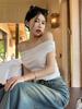 Ins Off-the-shoulder Sexy Hottie Pure Desire One-word Collar Short-sleeved T-shirt for Women's Summer Slim-fitting and Thin Bottoming Top for Women