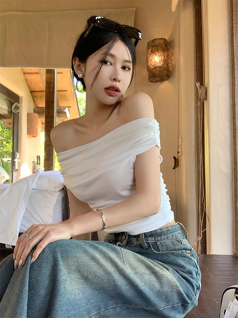 Ins Off-the-shoulder Sexy Hottie Pure Desire One-word Collar Short-sleeved T-shirt for Women's Summer Slim-fitting and Thin Bottoming Top for Women