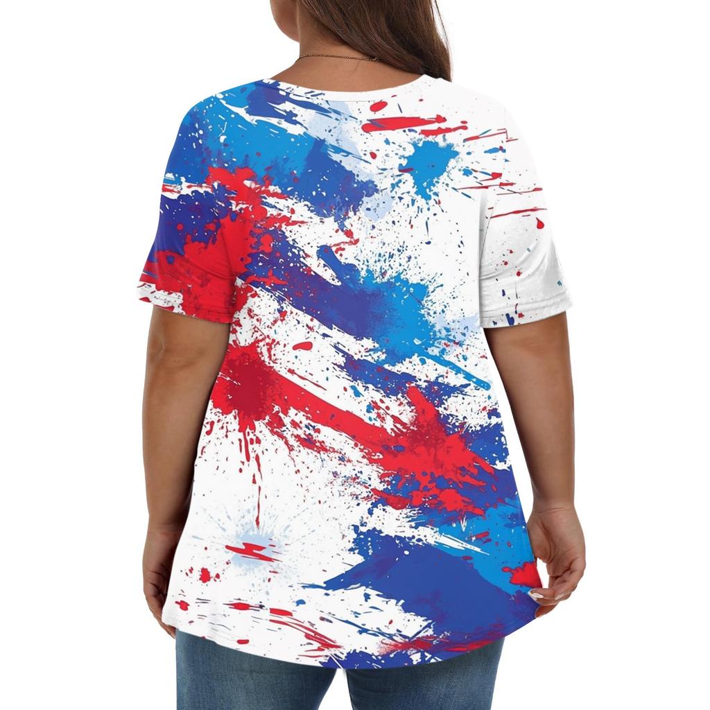 Women's Fashion Casual V-Neck Pullover Short Sleeve Large Size Printed T-Shirt Top