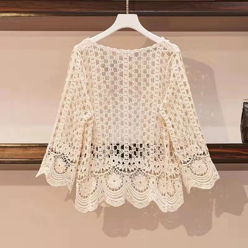 

Bohemian Summer Women s Lace Hollow Knit Cardigan Thin Short Sunscreen Jacket V-neck Breathable Cardigan One size бежевий