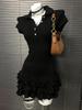 Women's Pure Cotton Black Polo Neck Short Sleeve Slimming Cake Dress, Summer 2026 College Style