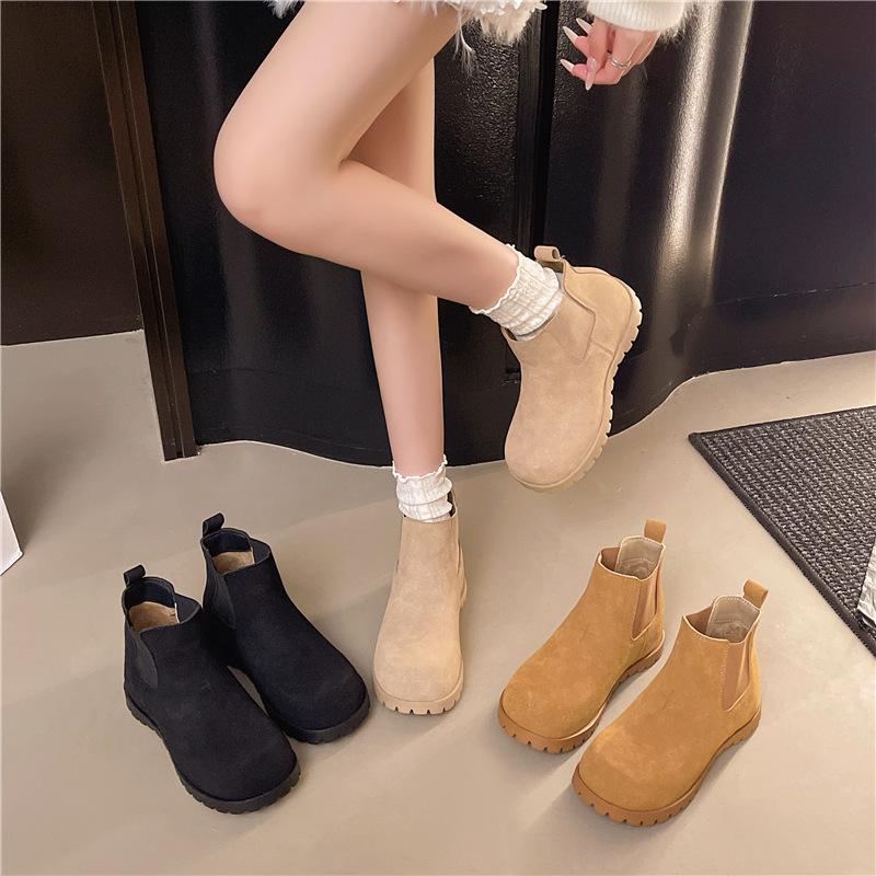 Coarse Heel Short Boots Women's Spring Frosted Leather Chimney Children's New Heightening Chelsea Boots Retro Inner Thick-soled Martin Boots
