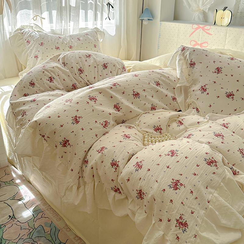 Ins Korean Style Floral Bedding Set 2024 New Washed Cotton 4pcs Bed Sheet Set Duvet Cover Set For Girls Bedding Decor Home