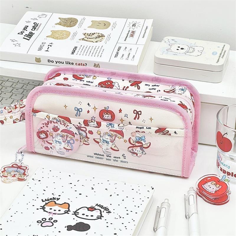 Pink Apple Cat Kitten Pain Bag Large Capacity Multi-Layer Pencil Case Student Stationery Girl Portable Cosmetic Storage Bag Gift