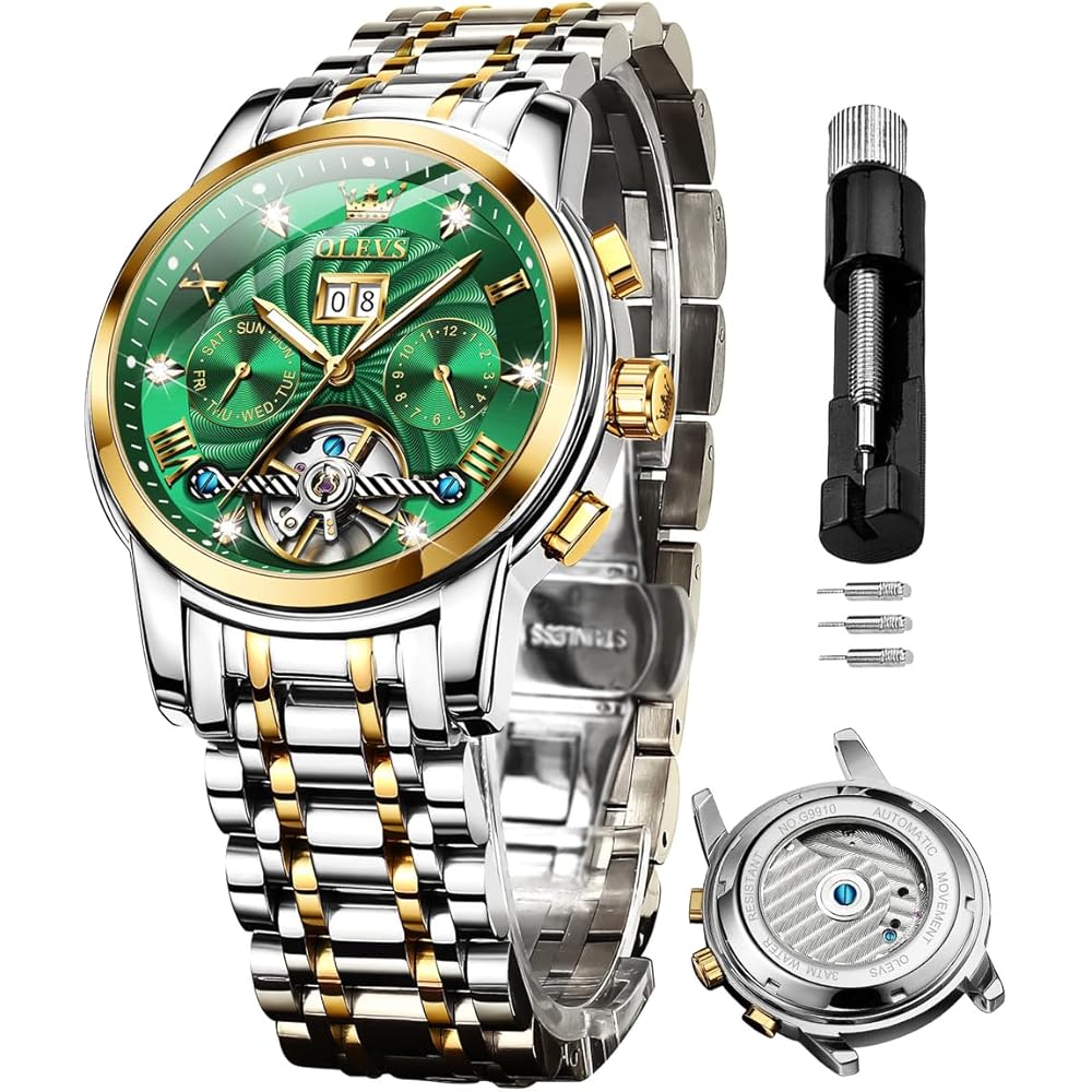 OLEVS Skeleton Watch Men s Luxury Diamond Automatic Mechanical Waterproof Green Dial