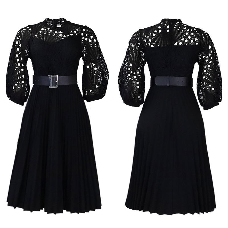 Women Plus Size Fashion Sexy Lace Crochet Hollow Out Pleated Midi Dress