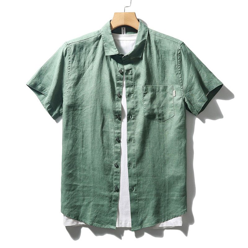 Chinese Style Pure Linen Short-Sleeved Shirt for Men, Summer Thin Loose Jacket, Export White Casual Shirt