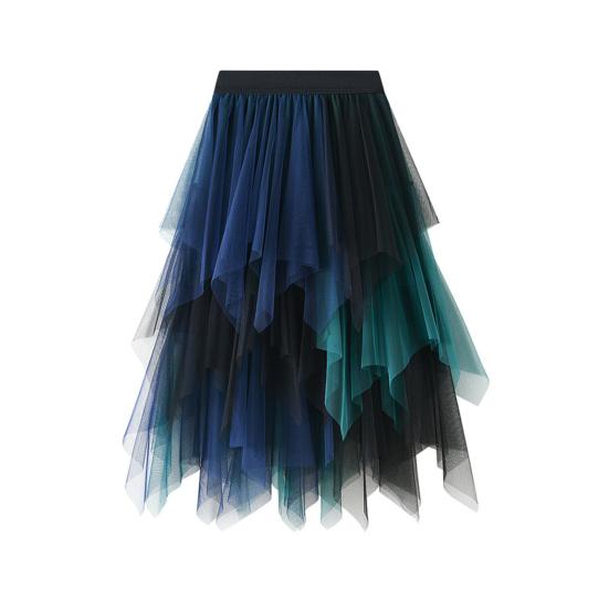 Damen Tüllrock Hohe Taille Faltenrock Asymmetrischer Damenrock Kontrastfarbe Unregelmäßiger Saumrock