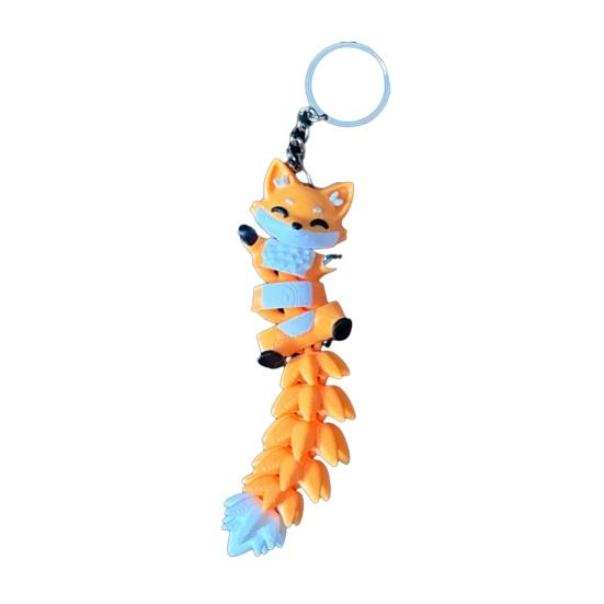 Keychain Cartoon Cat Fox Design with Metal Ring Keychain Pendant 3D Printed Movable Joints Flexible Body