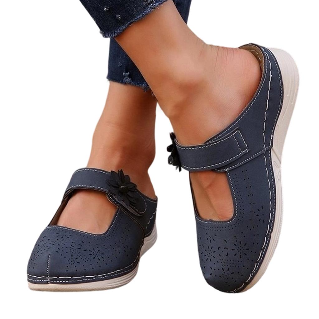 Women Casual Slip On Sandals Breathable Cutout Design Comfortable Flat Shoes with Adjustable Strap and Decorative Flower Accent