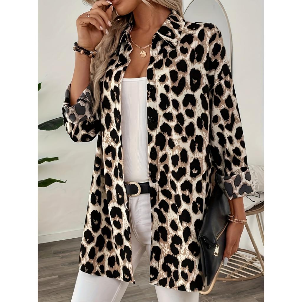 Fall Winter Leopard Print Long Sleeve Shirt Elegant Casual Vacation Blouse Top for Women European American Crossbody