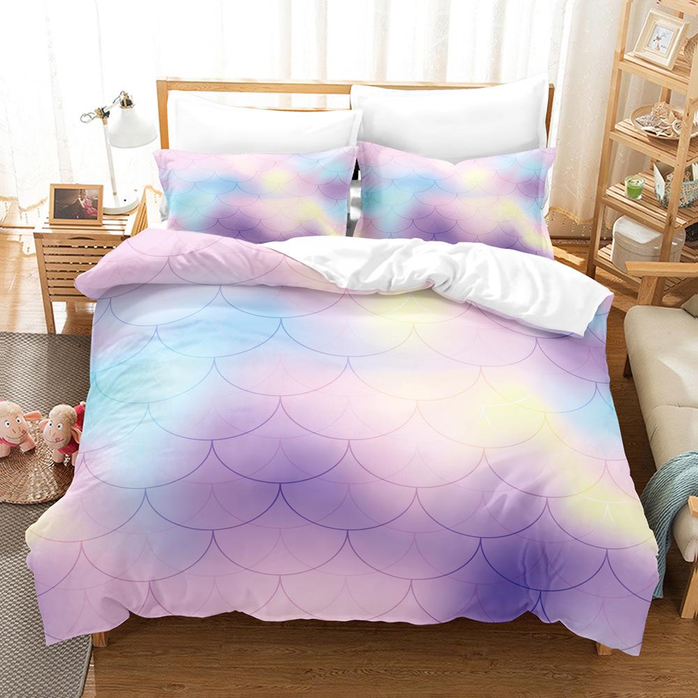 Laser Gradual Change Fish Scale 3D Digital Printing Three-Piece Set, Quilt Cover Pillowcase Home Textile Bed Sheet Kit