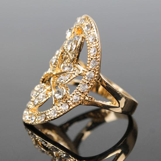 Women Luxury Golden Color Leaves Hollow Rhinestone Wedding Banquet Ring Jewelry