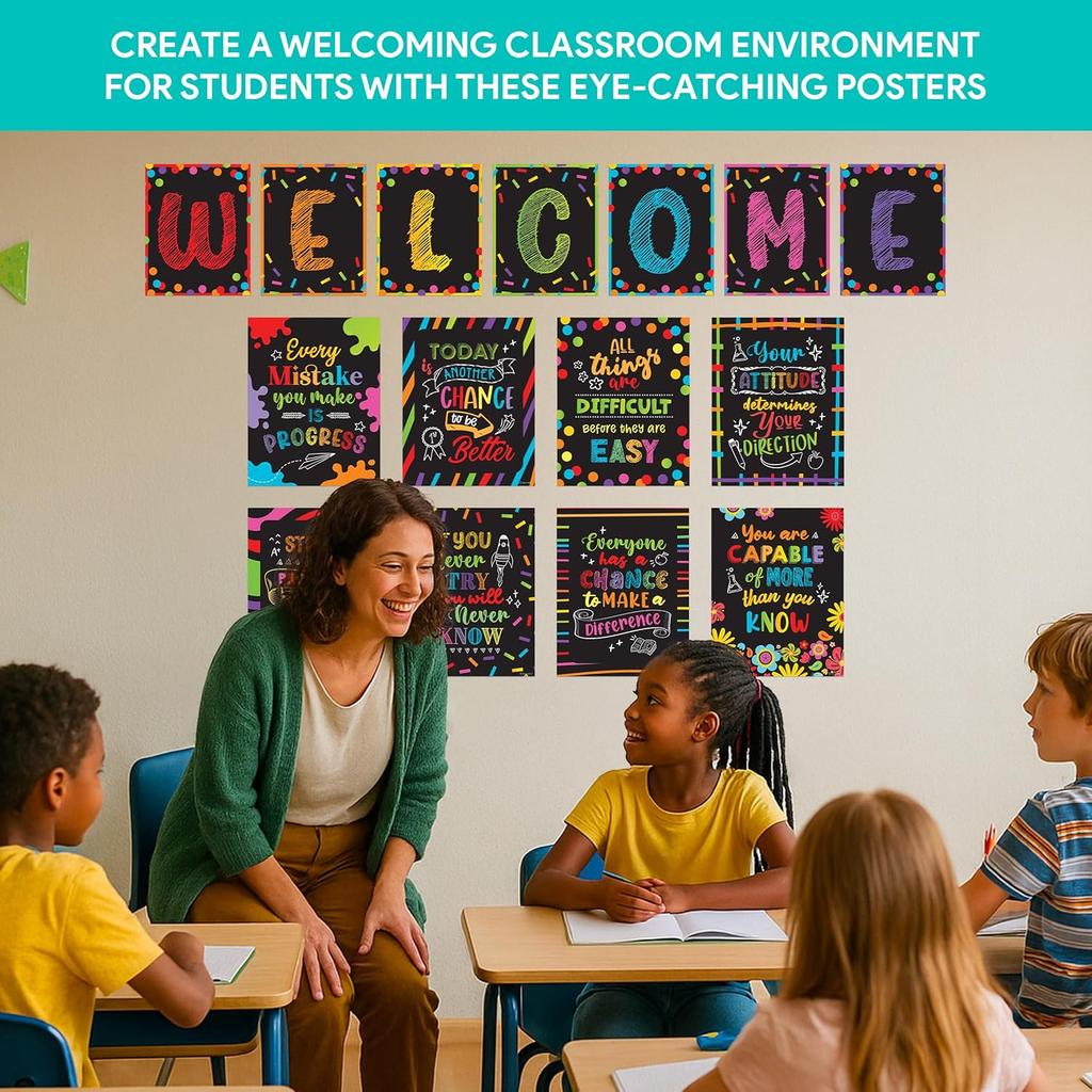 Decorably 15 Chalkboard Welcome Back to School Bulletin Board Decorations, pirational, Matte-Laminated Posters - for Classroom, School Hallways