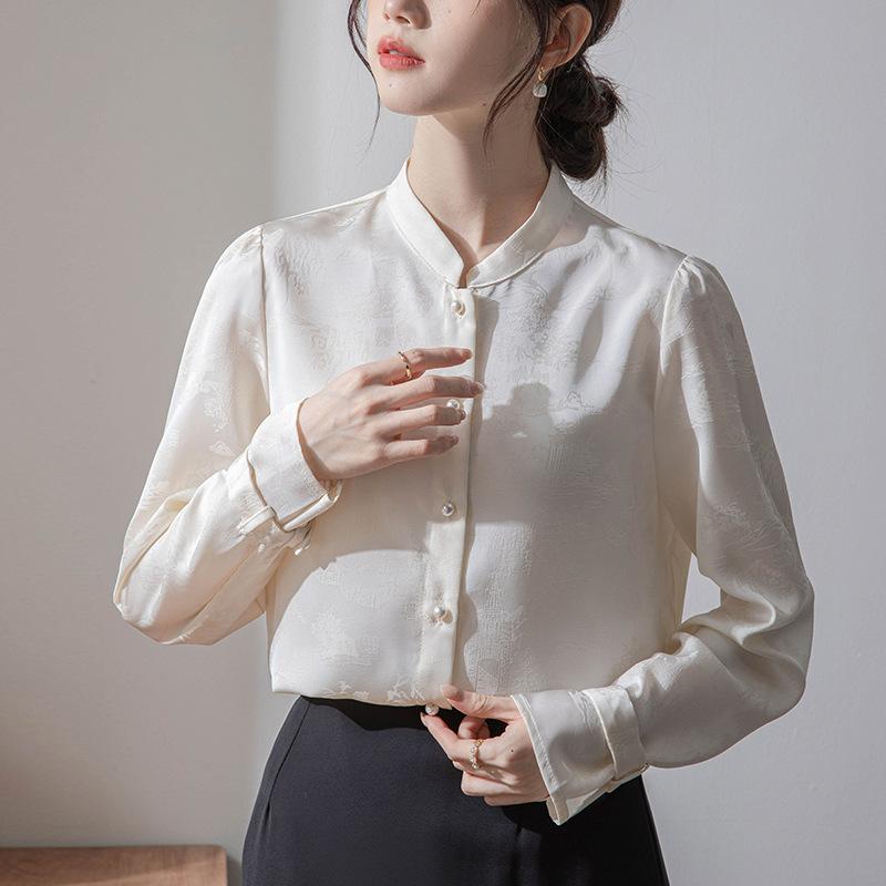 Jacquard Standing Collar Shirt for Women Spring and Autumn Niche Vintage French Layering Top