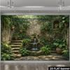2D Vintage Walled Garden Waterfall with Lush Greenery Backdrop Photo Background