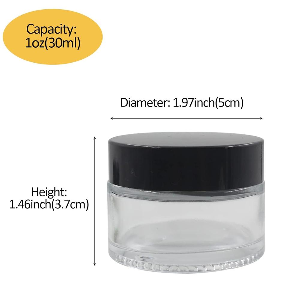24 Pack 1 Oz Round Clear Glass Cosmetic Jars with Inner Liners and Black Lids, Travel Glass Jars, Cosmetic Containers for Lip Balms, Powders, Makeup,