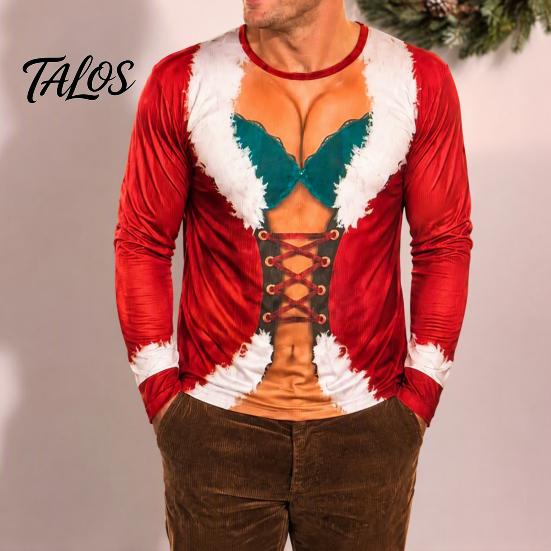 Creative Party Clothes Funny Christmas Shirt, Hilarious 3D Fake Corset Chest Print Crew Neck Shirt Pullover Top, Novelty Long Sleeve Festival Costume