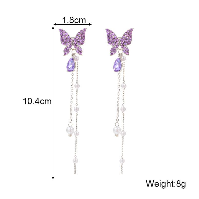 purple rhinestone butterfly tassel earrings for women imitation pearl beads pendants thread long hainging earring brincos