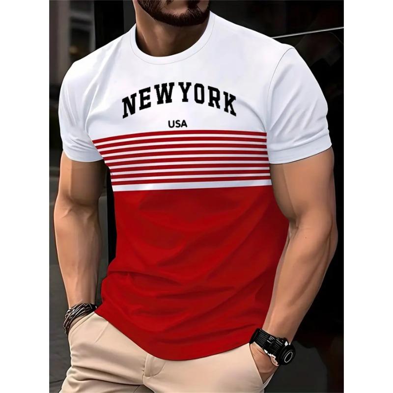 Summer Casual New York Text 3D Printed Men's Striped T-shirt Outdoor Sportswear Oversized Fitness Top Short Sleeved T-shirt for Men
