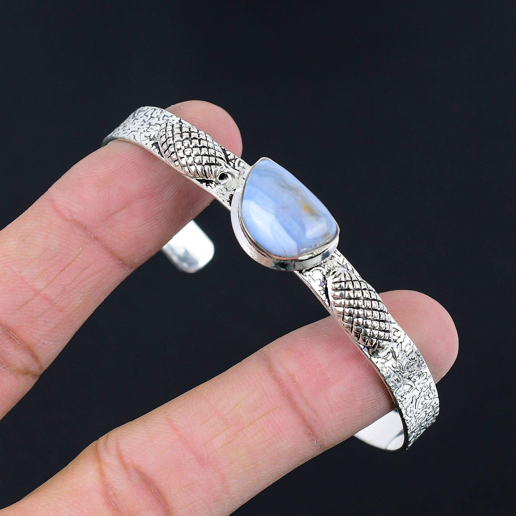 

Daughters Day Sale 925 Silver Natural Blue Lace Agate Wedding Bangle Bracelet Adjustable