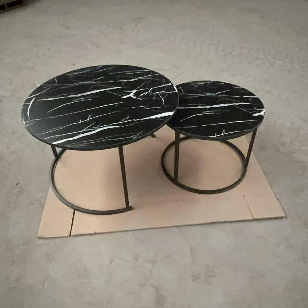 Modern Minimalist Round Coffee Table Set with Stone Pattern and Iron Art Storage