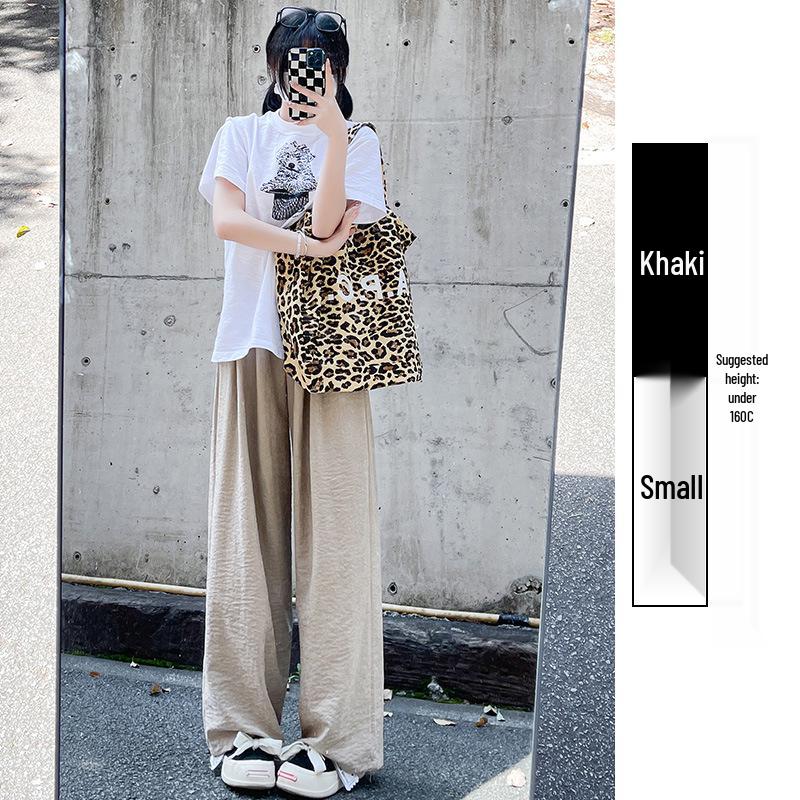 Women's Summer 2024 Ice Silk Wide-Leg Pants - White Textured Casual Petite Style