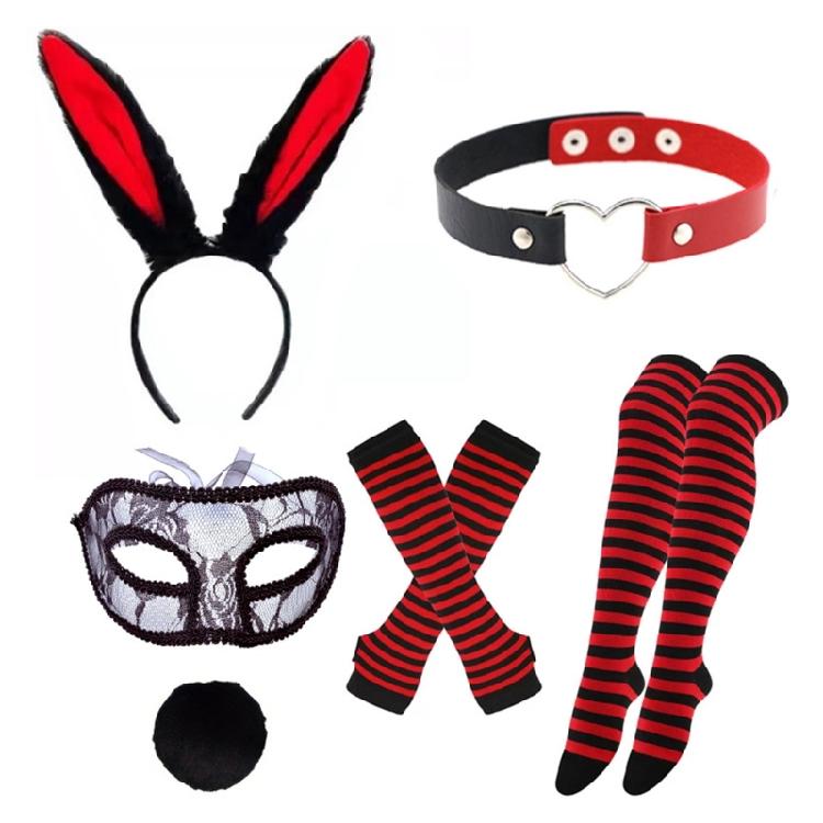 Rabbit Ears Headband Collar Eyemask Stocking Bunnies Tail Easter Bunnies Costume Accessories Halloween Cosplay Costume 1 чёрный/красный