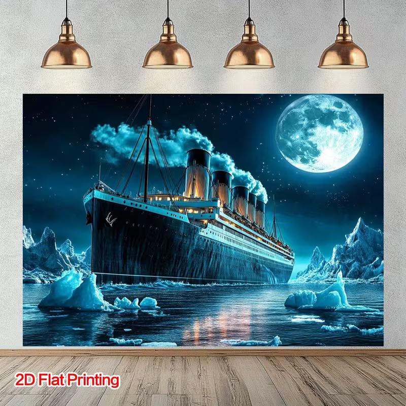 Marynistyczny gobelin Titanic, Nocny, oświetlony księżycem ocean z tłem gór lodowych, 120x80cm Tematyczna sztuka ścienna do domu