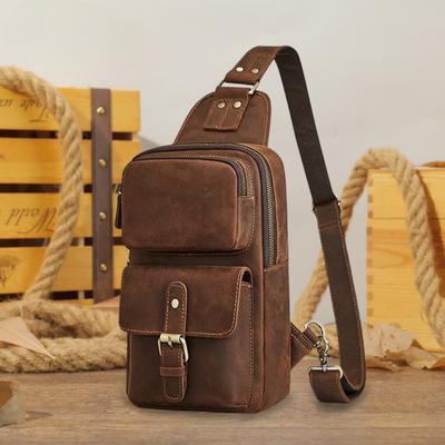 Sac de poitrine en cuir Crazy Horse pour homme, sac à bandoulière vintage en cuir véritable de vache, sac de loisirs