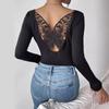 Maglietta sottile a maniche lunghe in tinta unita con pizzo a pasta cava posteriore elegante da donna
