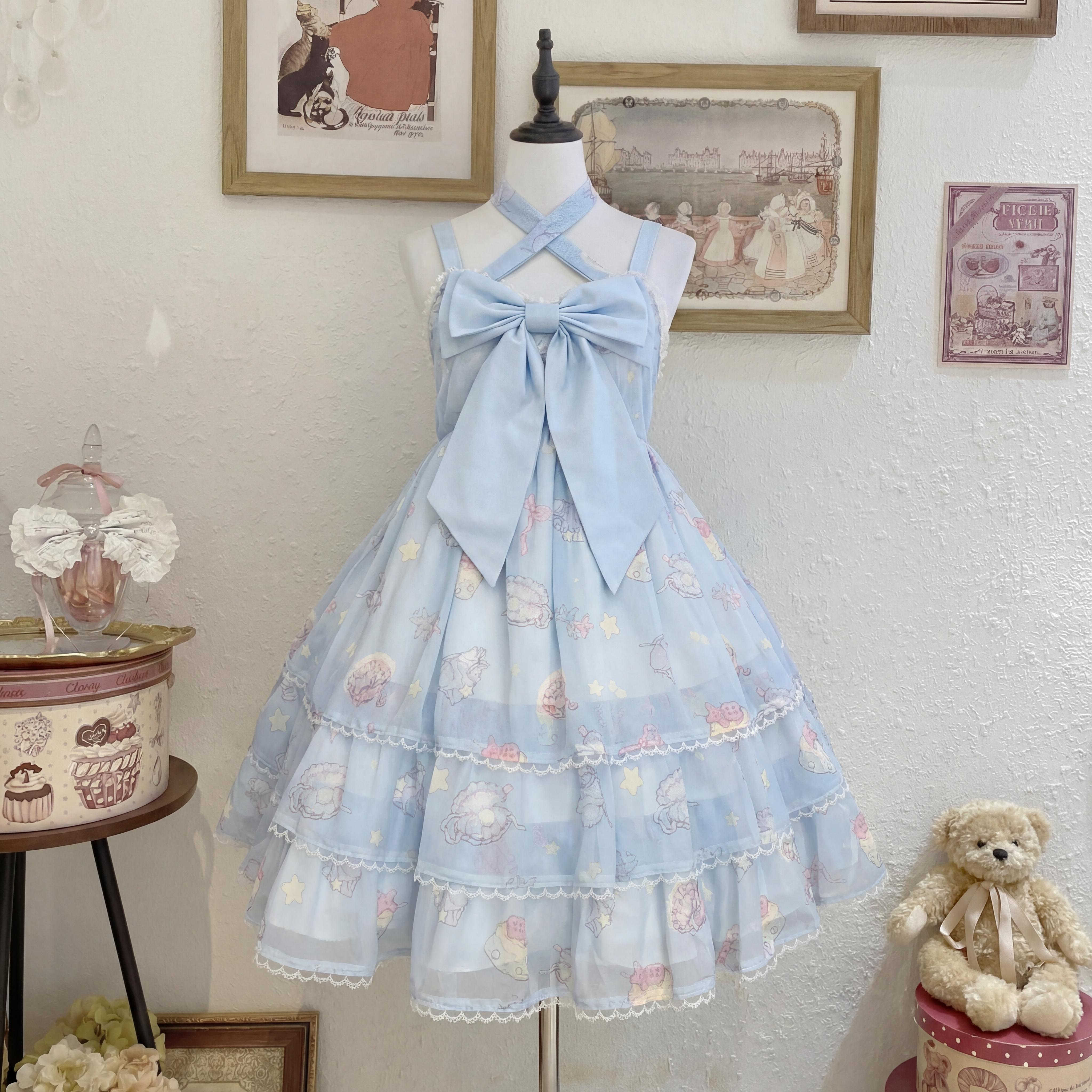 Summer Kawaii Sweet Lolita Dress Women Fashion Pretty Print Off Shoulder Bow Dresses Female Design Lovely Thin Short Cake Dress S синий