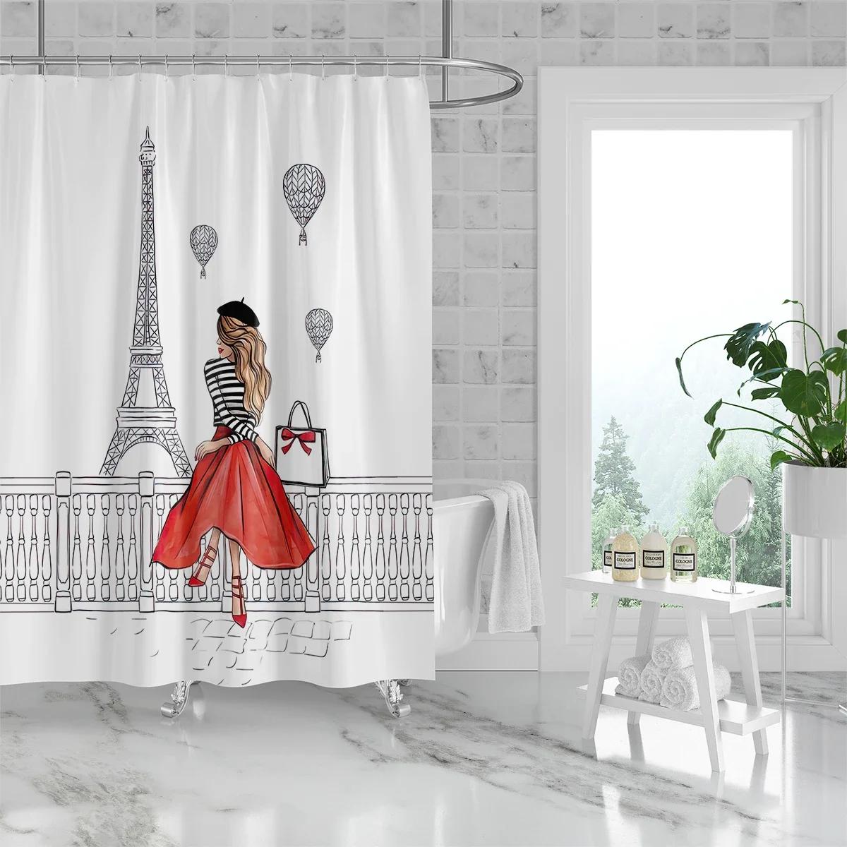 

1Pc, 180X180Cm Bathroom Polyester Shower Curtain, Mold Resistant And Waterproof, Perforated With Hooks, Modern Female Portrait W60H190(CM)-1 Pcs