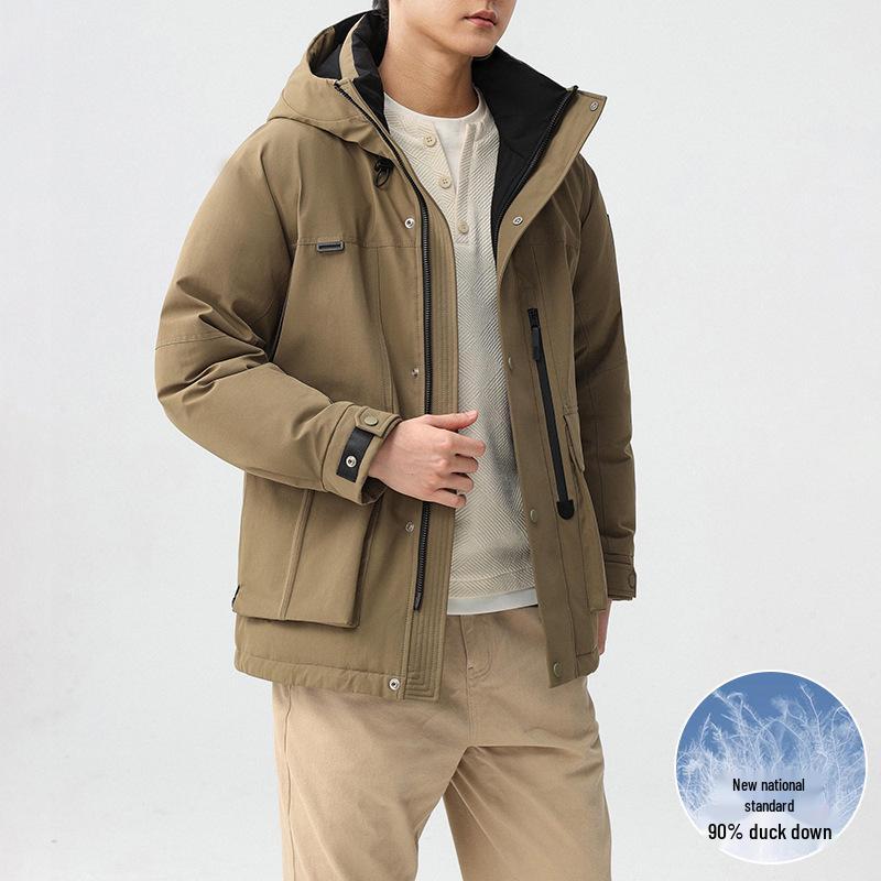 

Мужская пуховая куртка с капюшоном в рабочем стиле - 90% утиный пух, много карманов, ветрозащитная, теплая, повседневное пальто для улицы 185 хаки