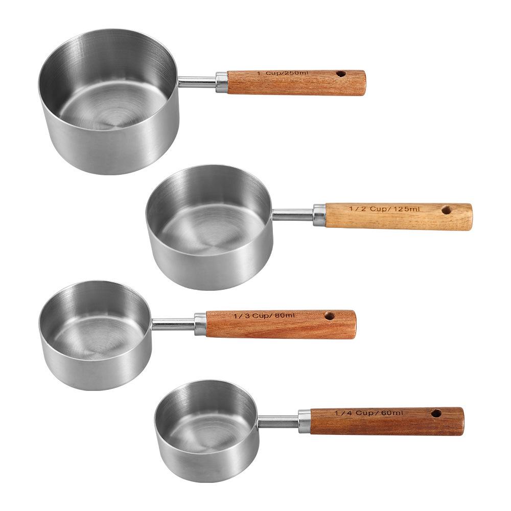 8-Piece Stainless Steel Measuring Cup & Spoon Set with Titanium Gold & Wooden Handles